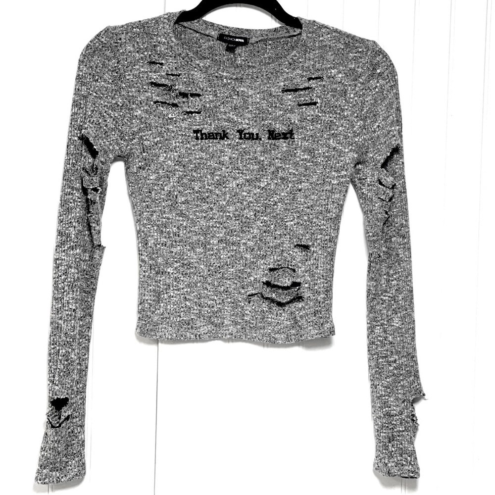 Fashion Nova Thank You, Next Distressed Gray Sweater - Sz S